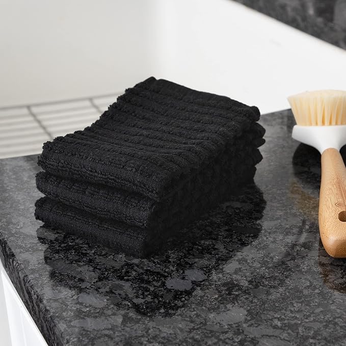 Ritz Royale Collection 100% Combed Terry Cotton, Highly Absorbent, Kitchen Dish Cloth Set, 13-3/4" x 12", 3-Pack, Solid, Black