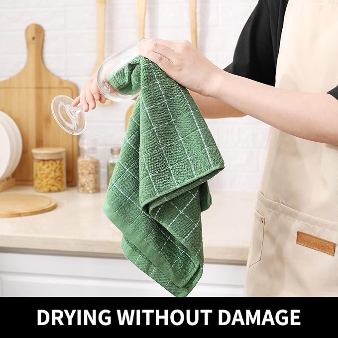 Homaxy 100% Cotton Terry Kitchen Towels(Grass Green, 13 x 28 inches), Checkered Designed, Soft and Super Absorbent Dish Towels, 2 Pack