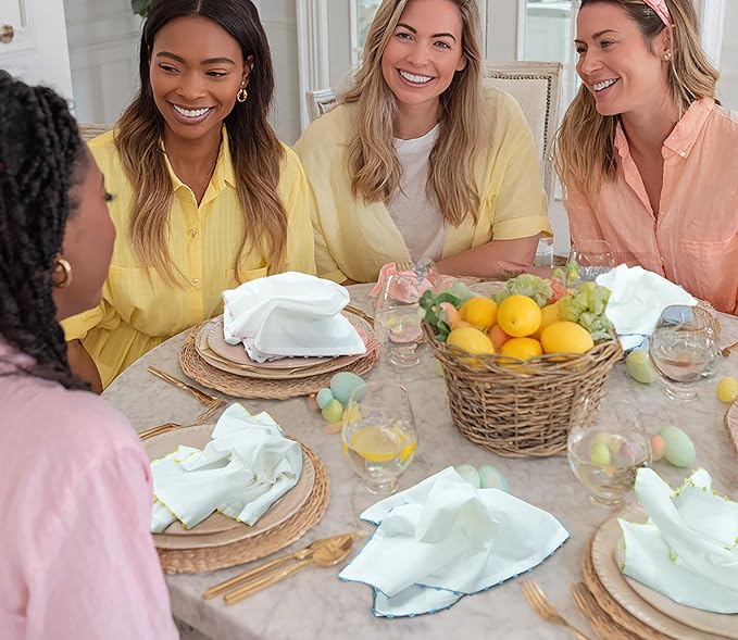 COTTON CRAFT Cloth Napkins - Set of 8 Soft 100% Cotton - White Napkins with Elegant Crochet Border Trim in Pink, Aqua, Yellow, Green – Easter Spring Summer Lunch Dinner Serviettes - Multicolor - 17x17