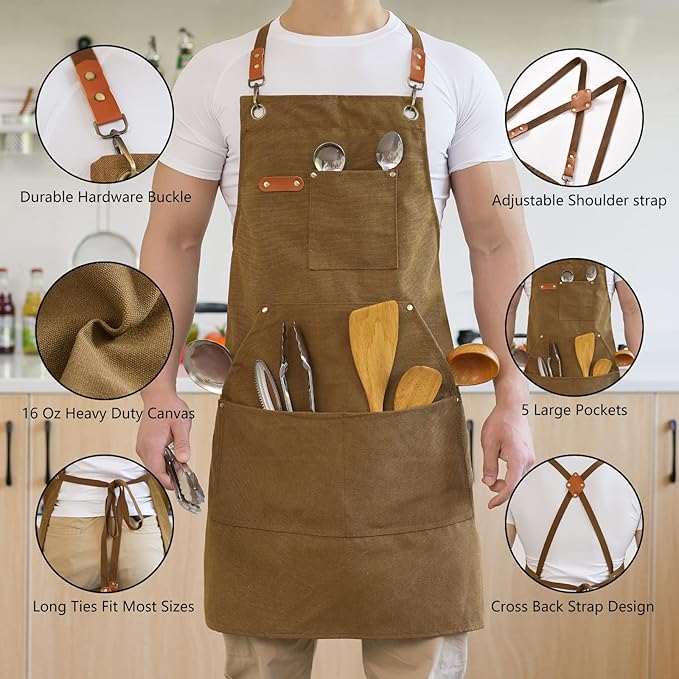 Aoomzoon Canvas Aprons for Men Chef Apron, Work Apron with Large Pockets - 16oz Heavy Duty Cross Back, BBQ, Cooking
