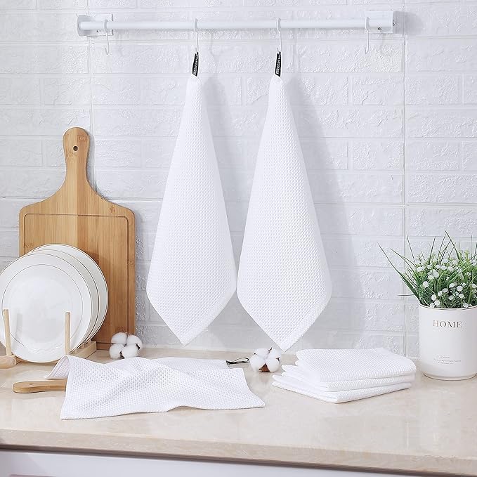 Kitinjoy 100% Cotton Kitchen Dish Cloths (12 X 12 Inches, White), 6 Pack Waffle Weave Ultra Soft Absorbent Dish Towels for Drying Dishes Quick Drying Kitchen Towels Dish Rags