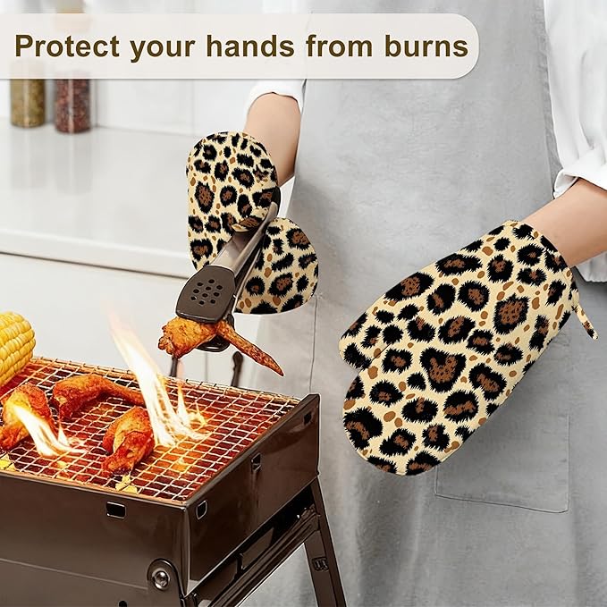 Leopard Print Oven Mitts and Pot Holders Sets of 4, Heat Resistant Silicone Oven Mitts Gloves Non-Slip Kitchen Mittens Potholders for Cooking Baking Grilling BBQ