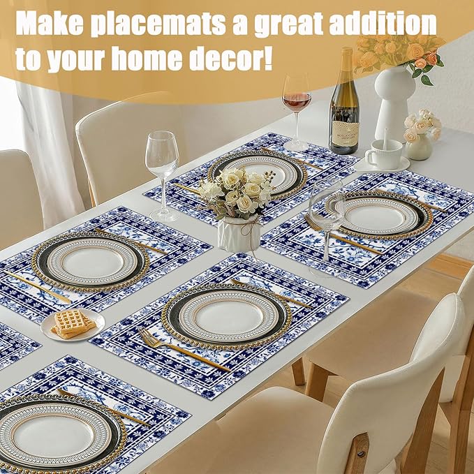 Blue White Floral Placemats Set of 6, Chinoiserie Flower Linen Place Mat Washable Stain Resistant Table Mats for Farmhouse Kitchen Dining 12x18 Inch