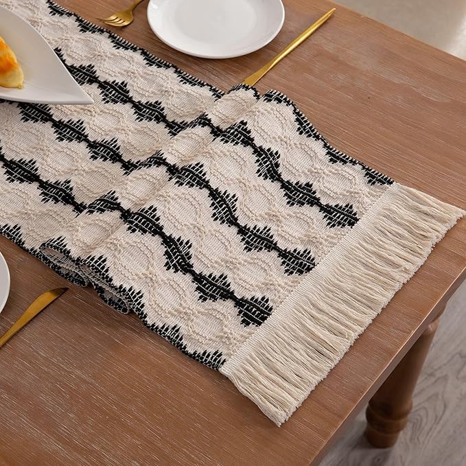 Boho Table Runners with Tassels 72inches, Macrame Farmhouse Table Runner for Dining, Bedroom & Kitchen Decor (Black and White)