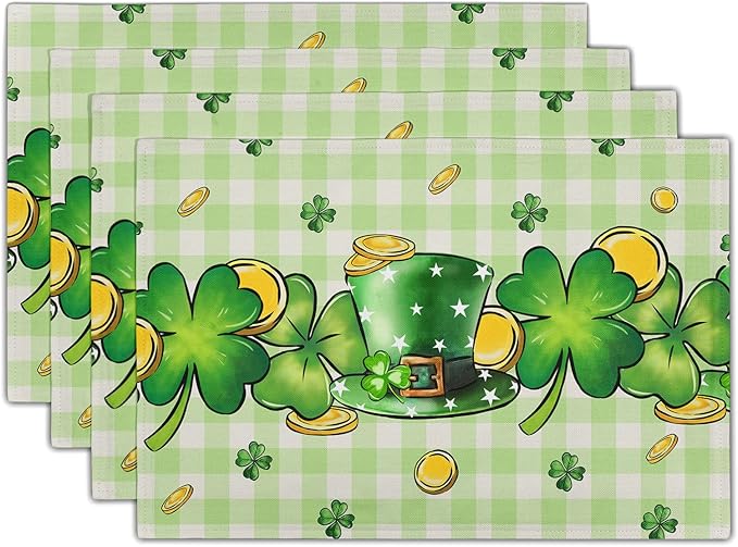 St. Patrick's Day Clover Top Hat Placemat Set of 4,Lucky Shamrock Gold Coin Dining Place Mat Table Decor 12x18 Inch Buffalo Plaid Seasonal Spring Table Mats for Home Party Kitchen Decoration