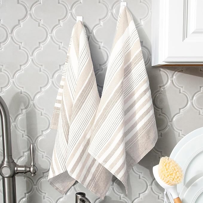 T-Fal Premium Dual-Sided Skipping Striped Kitchen Towels (2-Pack), 18" x 28", Highly Absorbent, Long-Lasting, Reversable 100% Flat-Weave Cotton Dish Towels, Hand Towels, Bar Towels, Toast