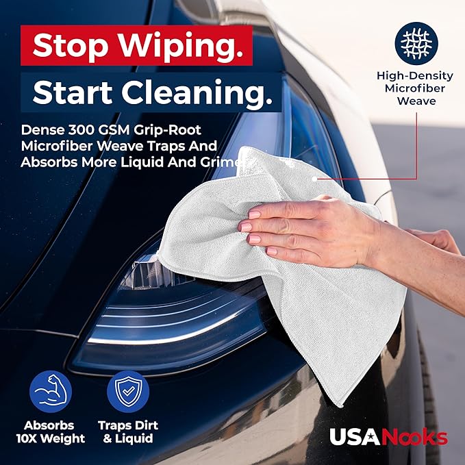 USANOOKS Microfiber Cleaning Cloth - White - 8Pcs (12.5x12.5 inch) High Performance - 1200 Washes, Ultra Absorbent Car Towel Traps Grime & Liquid for Streak-Free Mirror Shine - Car Washing Cloth