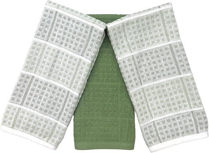 Sage Green Kitchen Dish Towels – Set of 3 100% Cotton Cloth Soft Cleaning Drying Absorbent Textured Waffle & Checkered Weave – Oversized 28" x 18" Multipurpose Towels for Everyday Use