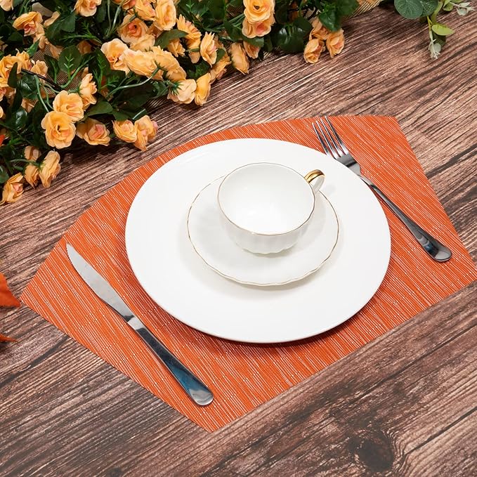 SHACOS Round Table Placemats Set of 4 Wedge Placemats Heat Resistant Woven Vinyl Table Mats for Round Table Wipe Clean (4, Orange)