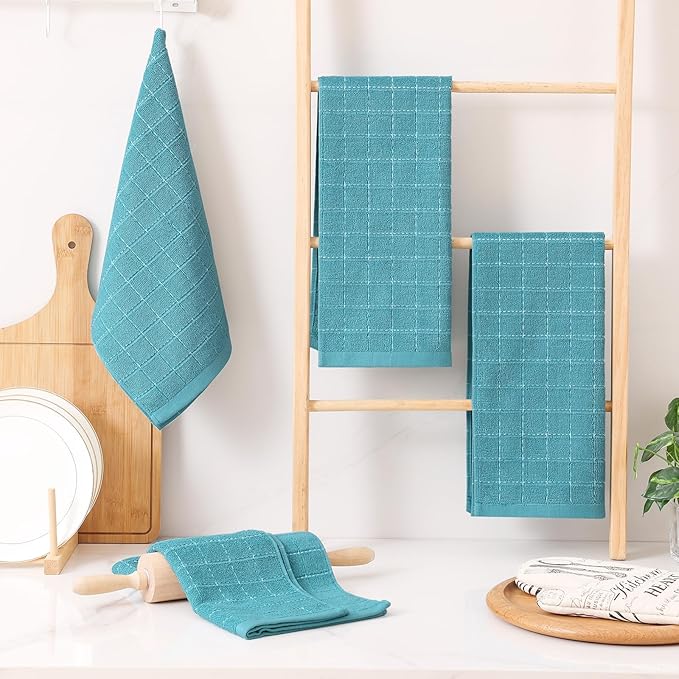 Homaxy 100% Cotton Terry Kitchen Towels(Lake Blue, 13 x 28 inches), Checkered Designed, Soft and Super Absorbent Dish Towels, 4 Pack