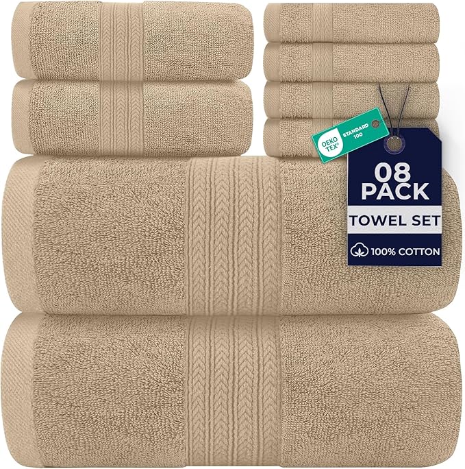 DAN RIVER 8 PC Luxury Bath Towels for Bathroom, 2 Bath, 2 Hand, and 4 Wash Cloths, 600 GSM 100% Ring Spun Cotton Towel Set, Highly Absorbent, Gym, Hotel, and Spa, Tan