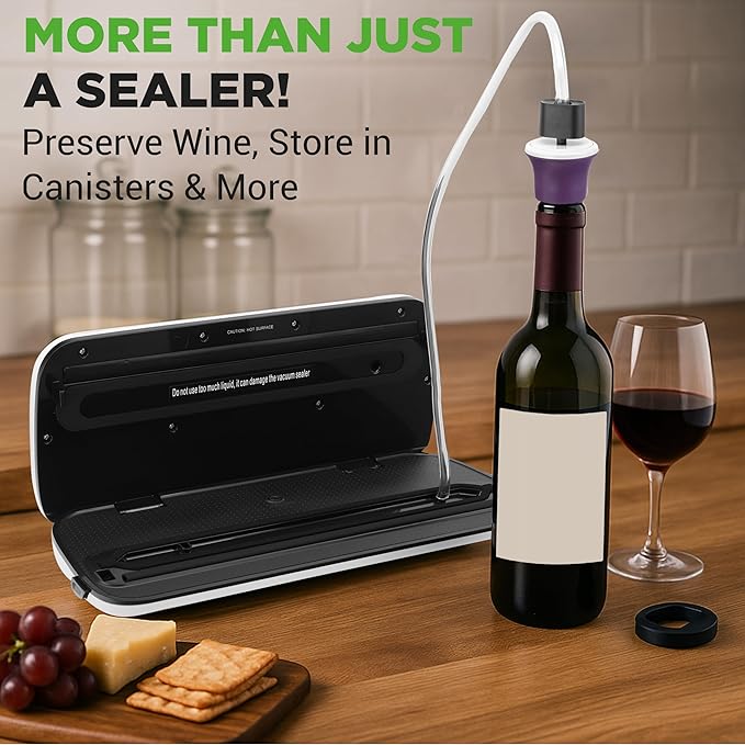 NutriChef Automatic Food Vacuum Sealer, Electric Air Sealing Preserver System for Dry and Moist Foods, LED Control, Strong Suction, Includes Bags, Wine Stopper Cork, and Air Suction Hose, 14”x6”x3”