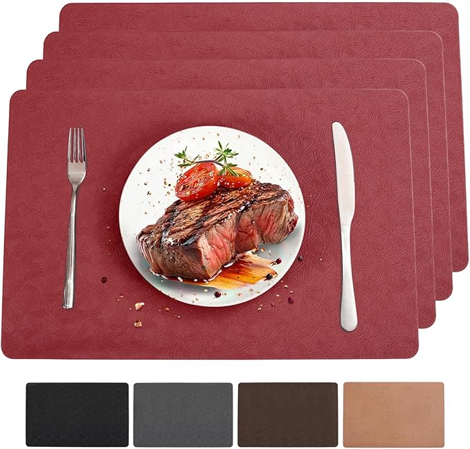 Vinyl Placemats Set of 4 Heat Resistant Easy Clean Non-Slip Place Mats for Dining Table Faux Leather Waterproof Stain Resistant Wipeable Washable PVC Table Mats(4, Red)