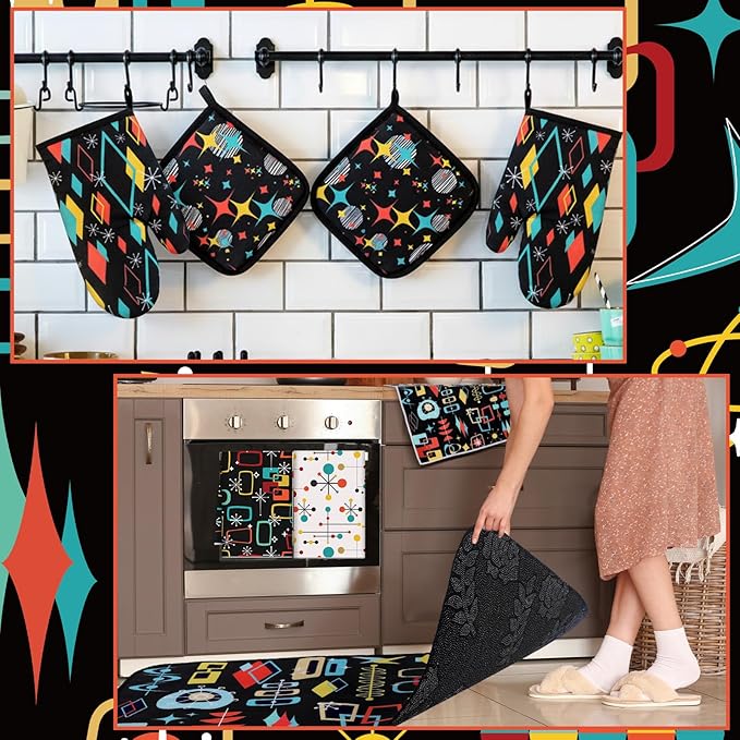 Fourluoo 12 Pcs Retro Kitchen Decor Mid Century Oven Mitts and Pot Holders Set Mid Century Kitchen Dish Towels Vintage Abstract Geometric Potholders Rugs Mats for Black White Baking Cooking BBQ Gift