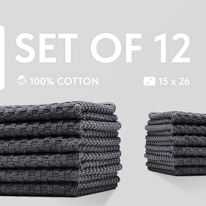 Wealuxe Super Absorbent Kitchen Towels 12 Pack - Premium 100% Cotton Kitchen Towels, 450GSM Thick Machine Washable Gray Dish Towels for Kitchen Drying, Cleaning, Dobby Weave, Unmatched Quality
