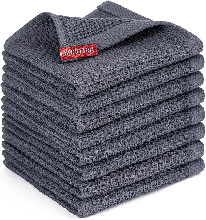 BOOMIBOO 8-Pack Kitchen Dish Cloths, 100% Cotton Waffle Weave, Ultra Soft Absorbent, Quick Drying Dish Towels, 12x12 Inches,Dark Grey