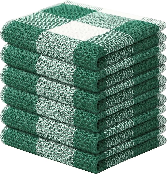 Mordimy 100% Cotton Waffle Weave Plaid Dish Cloths, 12 x 12 Inches, Super Soft and Absorbent Quick Drying Buffalo Check Dish Rags for Kitchen, 6-Pack, Dark Green & White