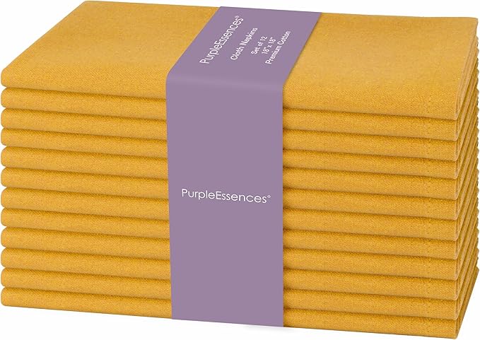 PurpleEssences Set of 12 Cloth Dinner Napkins 100% Cotton 18x18 Inch - Soft Durable Washable - Ideal for Farmhouse Party Spring Easter Summer - Perfect Everyday Use Table Linen - Golden Yellow
