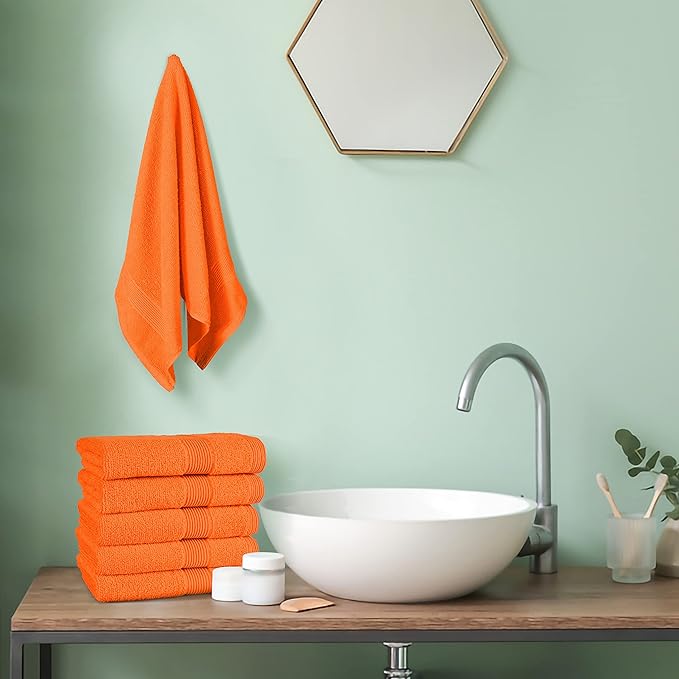 Belizzi Home Ultra Soft 6-Piece Hand Towel Set 16x28-100% Ringspun Cotton - Durable & Highly Absorbent Hand Towels - Ideal for use in Bathroom, Kitchen, Gym, Spa & General Cleaning - Orange