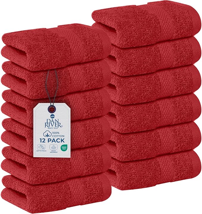 DAN RIVER 12-Pack Premium 100% Cotton Red Face Towels for Bathroom - Reusable Face Wash Cloths for Showering 12x12 Inches - 550 GSM Super Soft & Absorbent Luxury WashCloths for Body, Spa & Gym