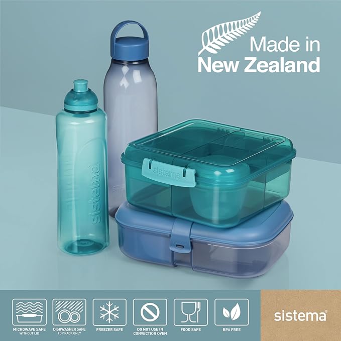 Sistema Ocean Bound Plastic Bento Box | Lunch Box with Yoghurt/Fruit Pot | 1.25 L Square | BPA-Free Made Using Recycled Plastic | Assorted Colours (Varies by Pack)