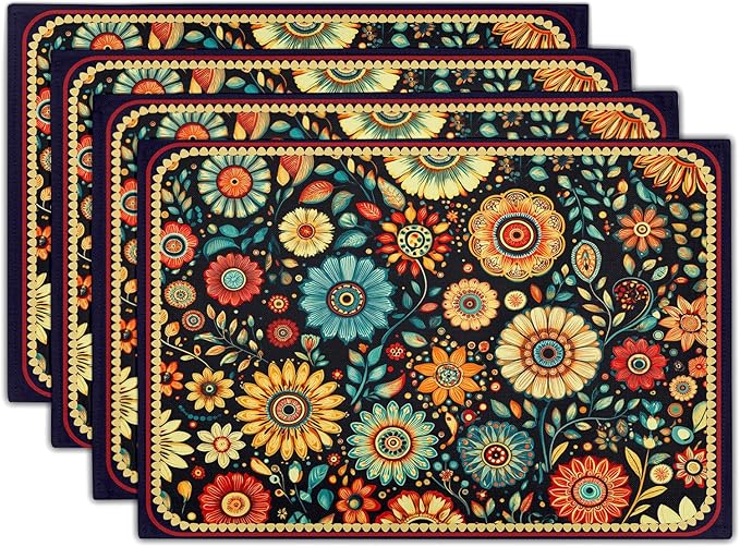 Boho Florals Placemat Set of 4 Colorful Flower Linen Place Mat for Home Decor