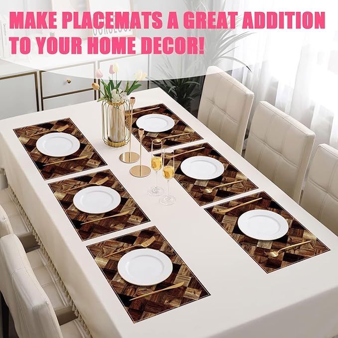 Vintage Wood Grain Placemats Set of 6,12x18 Inch Linen Place Mat Washable Stain Resistant Table Mats for Spring Summer Seasonal Farmhouse Kitchen Party Home Decor