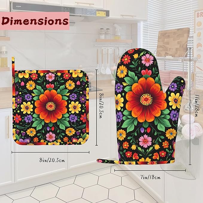 Vintage Colorful Floral Mexican Oven Mitts and Pot Holders (4PCS),Heat Resistant Non-Slip Silicone Kitchen Gloves for Cooking, Baking, BBQ Waterproof Kitchen Accessories