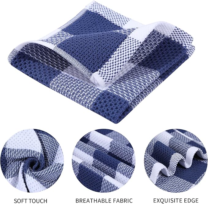 Mordimy 100% Cotton Waffle Weave Plaid Dish Cloths, 12 x 12 Inches, Super Soft and Absorbent Quick Drying Buffalo Check Dish Rags for Kitchen, 6-Pack, White & Navy Blue