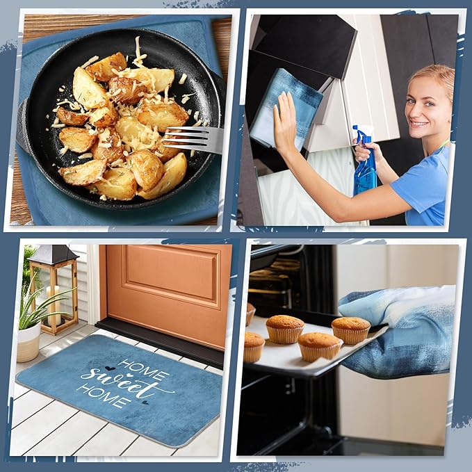 Fourluoo 10 Pcs Blue and Grey Kitchen Decor Oven Mitts and Pot Holders Kit Grey White Dish Towels Kitchen Rugs Modern Abstract Geometric Pattern Oven Glove for Home Decor Baking Cooking Birthday Gift