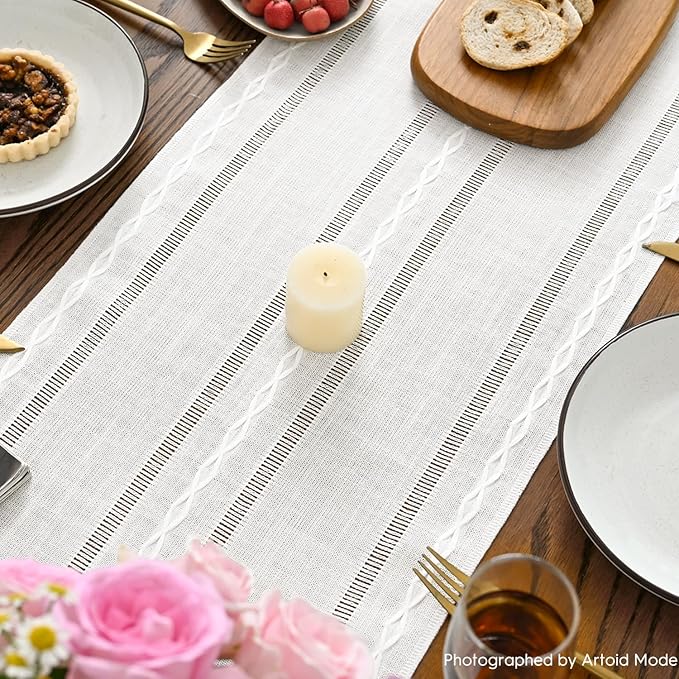 Artoid Mode Rustic Cotton Linen Table Runner, Seasonal Embroidered Hollow Kitchen Dining Table Decoration for Home Party Decor 13x108 Inch