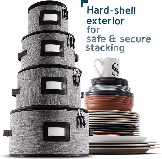 Fine China Storage Containers Hard Shell, 4 Piece Dish Storage Containers, Quilted Plate Containers, Stackable Dish Organizer with Dividers, Dinnerware Storage for Moving and Seasonal Storage, Grey