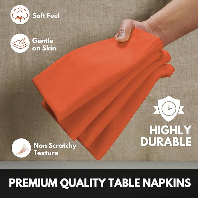 Cloth Napkin 100% Cotton 17"x17" Decorative Washable Table Napkins Set of 12 for Dining, Holidays, Buffet Parties & Wedding Use - Orange