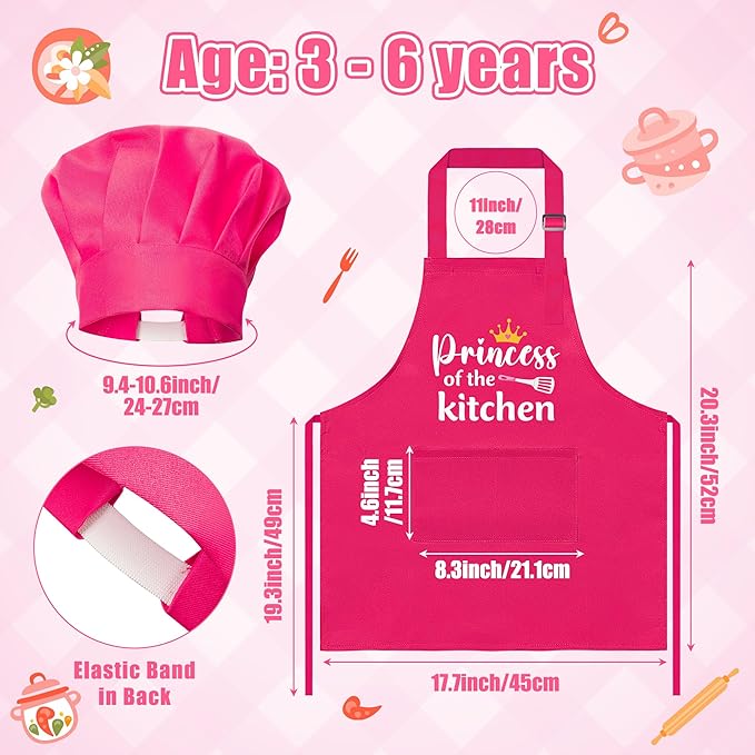GROBRO7 4Pcs Kids Apron and Chef Hat Set Gift for Girls, Princess Kitchen Baking Princess Pattern Adjustable Kitchen Aprons with 2 Pockets Waterproof Smocks Hats for Baking Cooking Painting Training