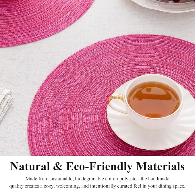 SHACOS Round Placemats Set of 8 Braided Cotton Polyester Table Placemat 15 inch Circle Place Mats for Kitchen Dining Table Holiday Party (Hot Pink, 8)