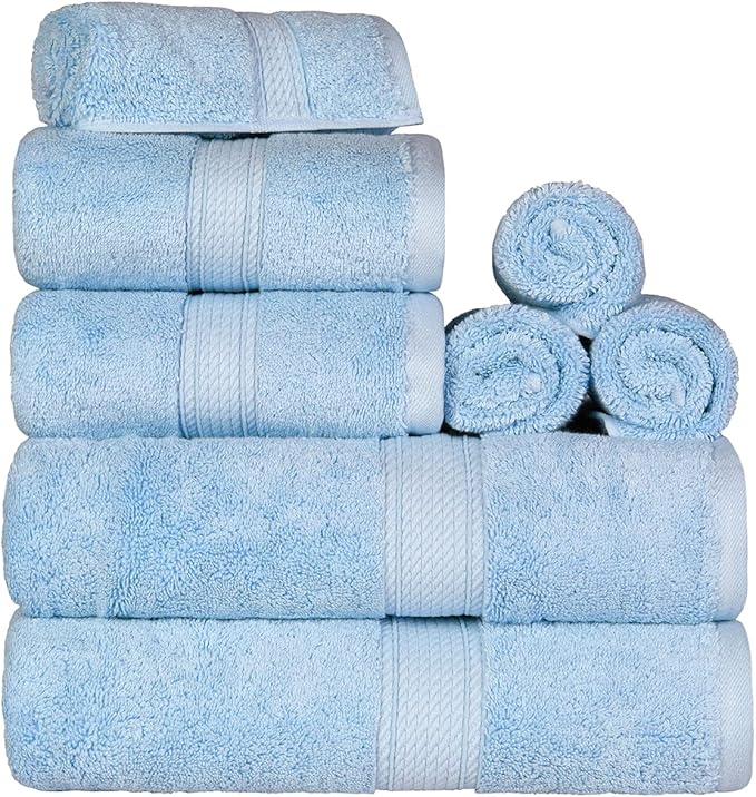 SUPERIOR Egyptian Cotton Pile 8 Piece Towel Set, Includes 2 Bath, 2 Hand, 4 Face Towels/Washcloths, Ultra Soft Luxury Towels, Thick Plush Essentials, Guest Bath, Spa, Hotel Bathroom, Light Blue