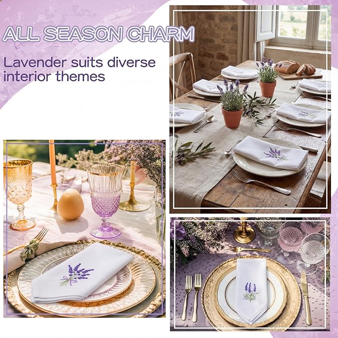 HunnmingRe 12 Pcs Spring Floral Cloth Napkins 100% Cotton Lavender Dinner Tea Party Napkins Embroidered Hand Towel Country French Reusable Washable for Dinner Kitchen Weddings Cocktail Party 17x17inch