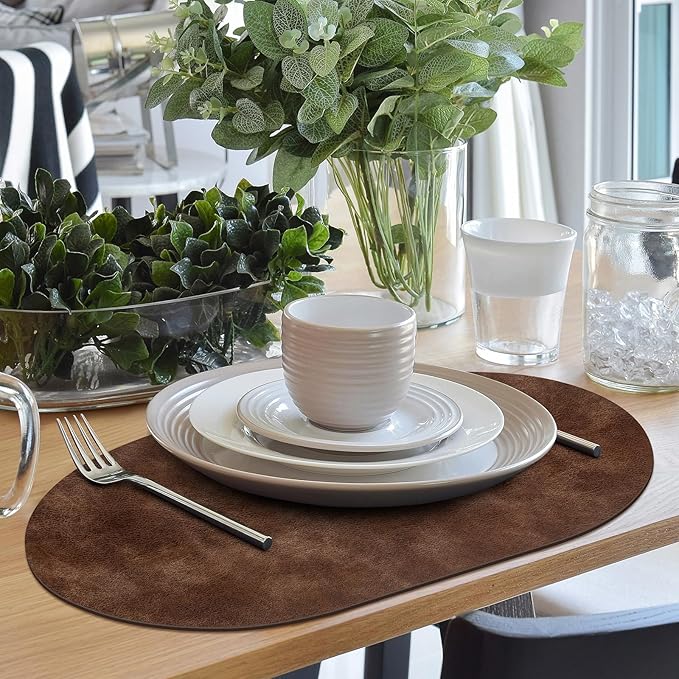 ADRIMER Placemats, Heat Resistant Oval Placemats Set of 12 Washable 12 x 17 Inch, Waterproof Table Mats, Wipeable Pu Place Mats for Kitchen, Dining Room, Brown
