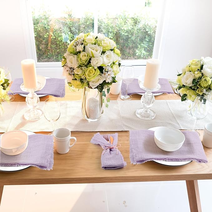 TURSTIN 12 Pieces Cotton Linen Cloth Napkin Handmade Cloth Napkin with Fringe 17 x 17 Inch Soft Dinner Wedding Napkins Square Rustic Fringe Table Napkins for Dinners, Parties, Lavender Purple