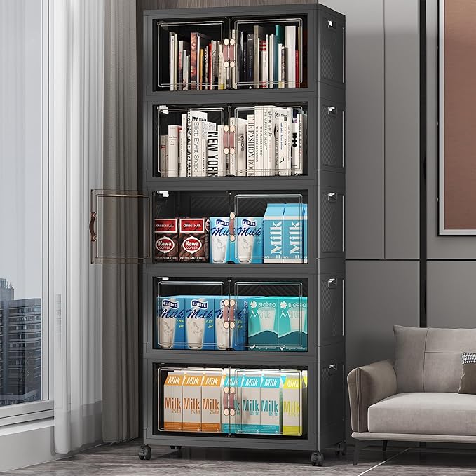 UAMFURI Stackable Storage Bins with Lids, 275QT Closet Organizers and Storage with Doors and Wheels, Extra Large Storage Cabinet, Collapsible Plastic Drawers for Bedroom Kitchen Office Garage