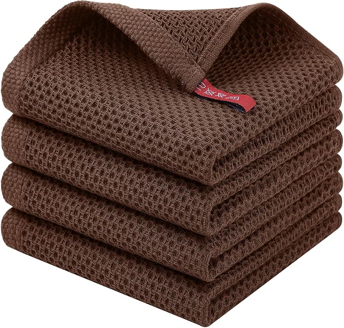 Homaxy 100% Cotton Waffle Weave Kitchen Dish Cloths, 4-Pack Ultra Soft Absorbent Dish Towels, Quick Drying Dish Rags, 12 x 12 Inches, Coffee