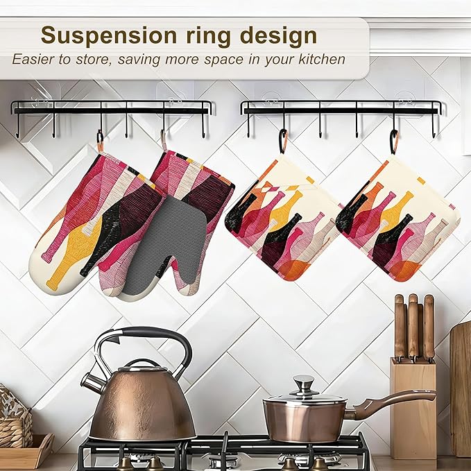 Red Wine Bottle Oven Mitts and Pot Holders Sets,Silicone Kitchen Mitts Potholders Heat Resistant 4Pcs Oven Gloves Hot Pads for Kitchen Baking Cooking