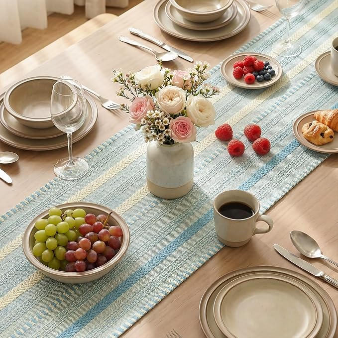 Artoid Mode Sky Blue Farmhouse Woven Table Runner, Seasonal Holiday Rustic Kitchen Dining Table Decoration for Home Party Decor 12x72 Inch