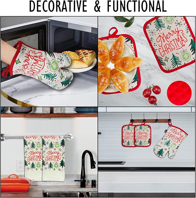 Oven Mitts and Potholders Dish Towles Set 100% Cotton for Perfect for Gifting, Baking and Everyday Cooking Durable Heat Resistant for Kitchen (5-Piece Merry Christmas)