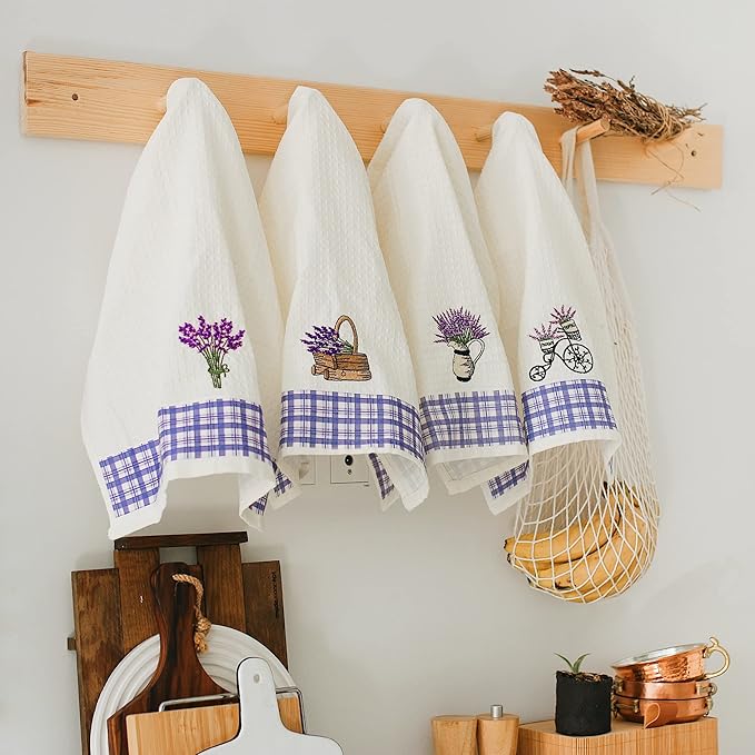Lavien Home Cotton Kitchen Towels Set of 4 - Lavender Embroidered Tea Towels, Absorbent and Soft Waffle Weave with Plaid, 16x24 inches