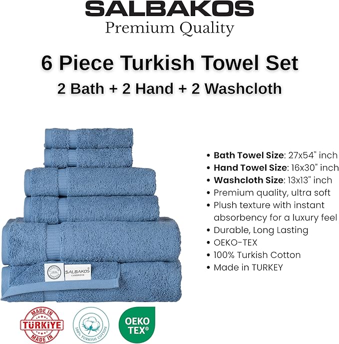 SALBAKOS 100% Turkish Cotton 6-Piece Towel Set | Premium Quality Hotel & Spa Collection | Ultra Soft, Super Absorbent 2 Washcloth, 2 Hand, 2 Bath Towels Sets | Made in Turkey (Blue, 6 Piece Towel Set)