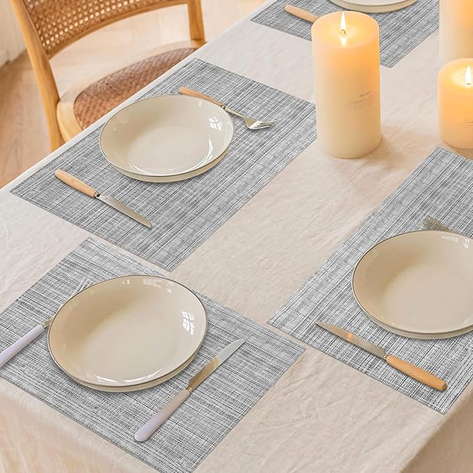Niviy Grey Placemats Set of 6, 12x18 Inch Washable Easy to Clean Heat-Resistant Anti-Skid Grey Placemats for Holiday Party Kitchen Dining Room Decoration