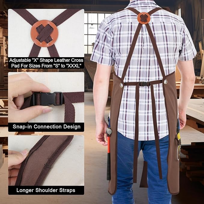 Men's Canvas Tool Apron, Heavy Duty Multi-Pocket Work Apron for Woodworking Gardening Bartender Adjustable Straps