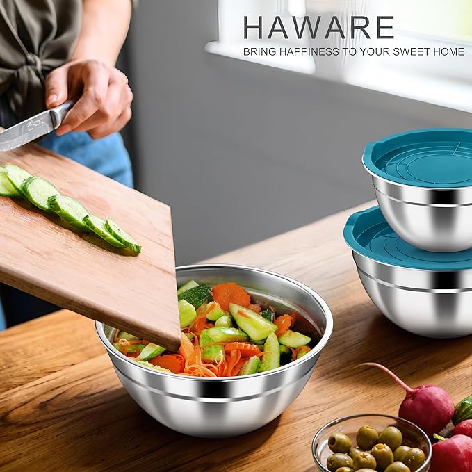 HaWare Mixing Bowls with Airtight Lids, 6-Piece Stainless Steel Salad Bowls, Strong Nesting Bowls for Cooking, Prepping, Baking, Serving & Food Storage, Stackable Design, Size 4.6, 3, 1.5QT, Teal Blue