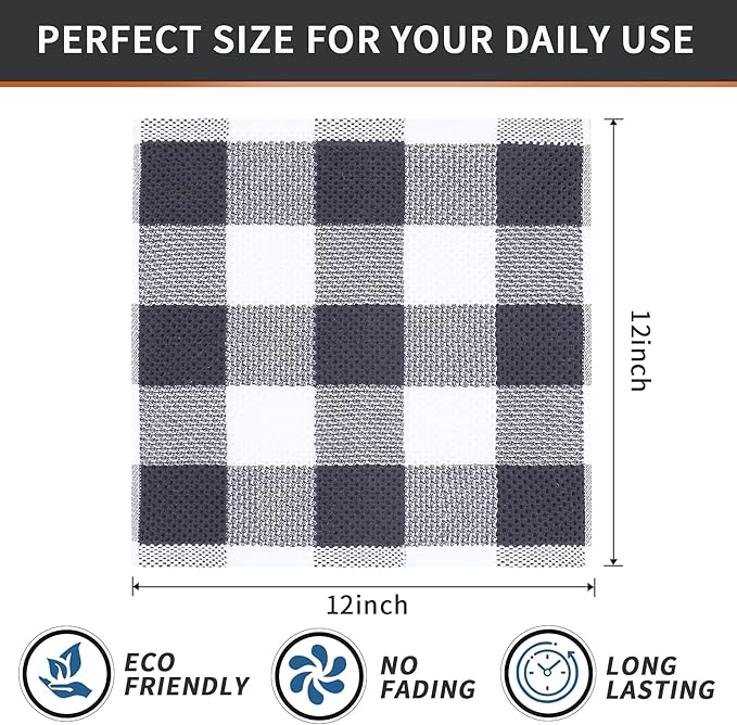 Mordimy 100% Cotton Waffle Weave Plaid Dish Cloths, 12 x 12 Inches, Super Soft and Absorbent Quick Drying Buffalo Check Dish Rags for Kitchen, 6-Pack, White & Dark Grey